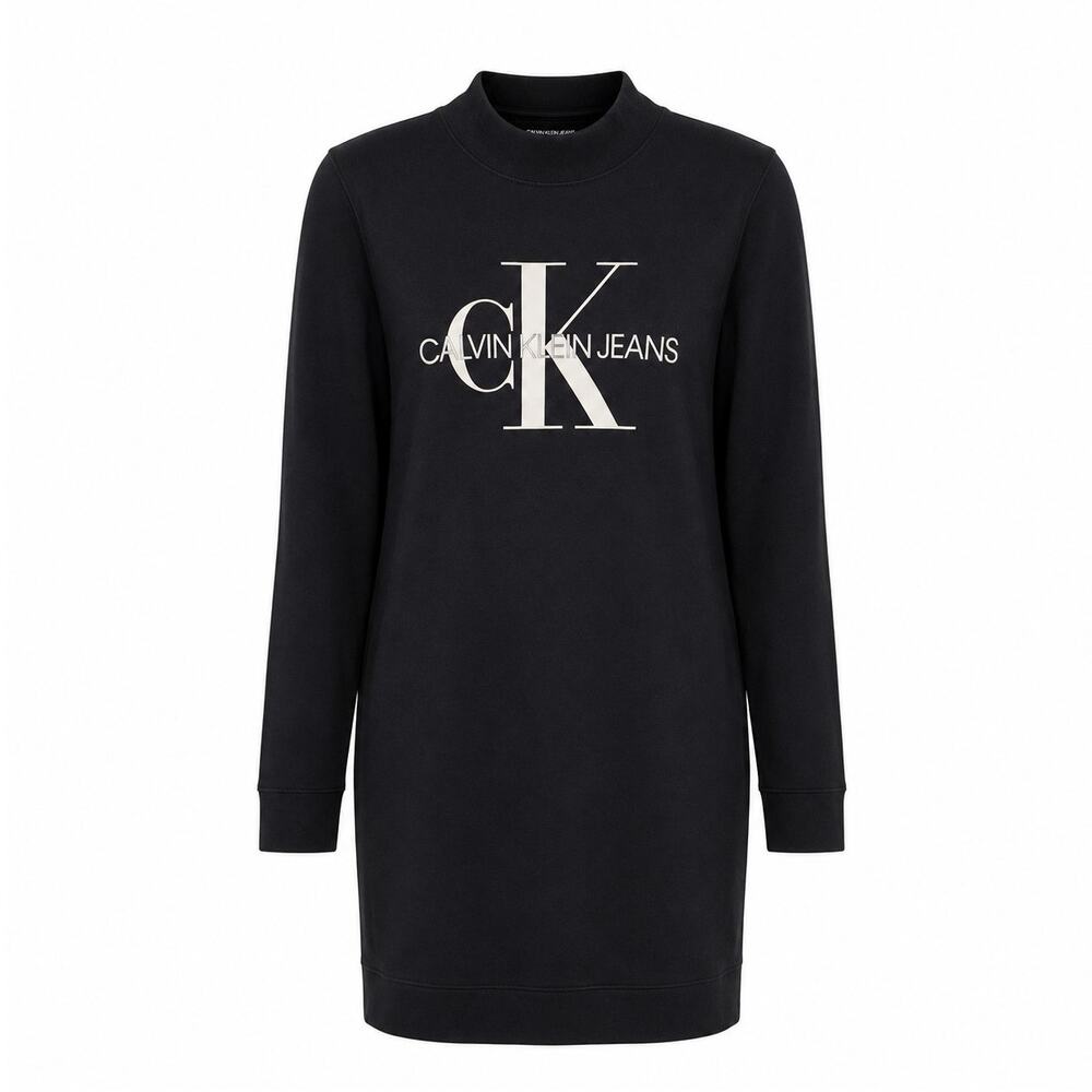 Calvin Klein Jeans NWT Logo Sweatshirt Dress Black Mock Neck Womens Large L Mini